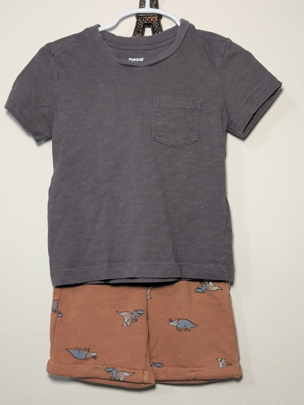Pekkle Short Set Gray Cotton Pocket Tee with Rust Dinosaur Shorts Boys Size 3T